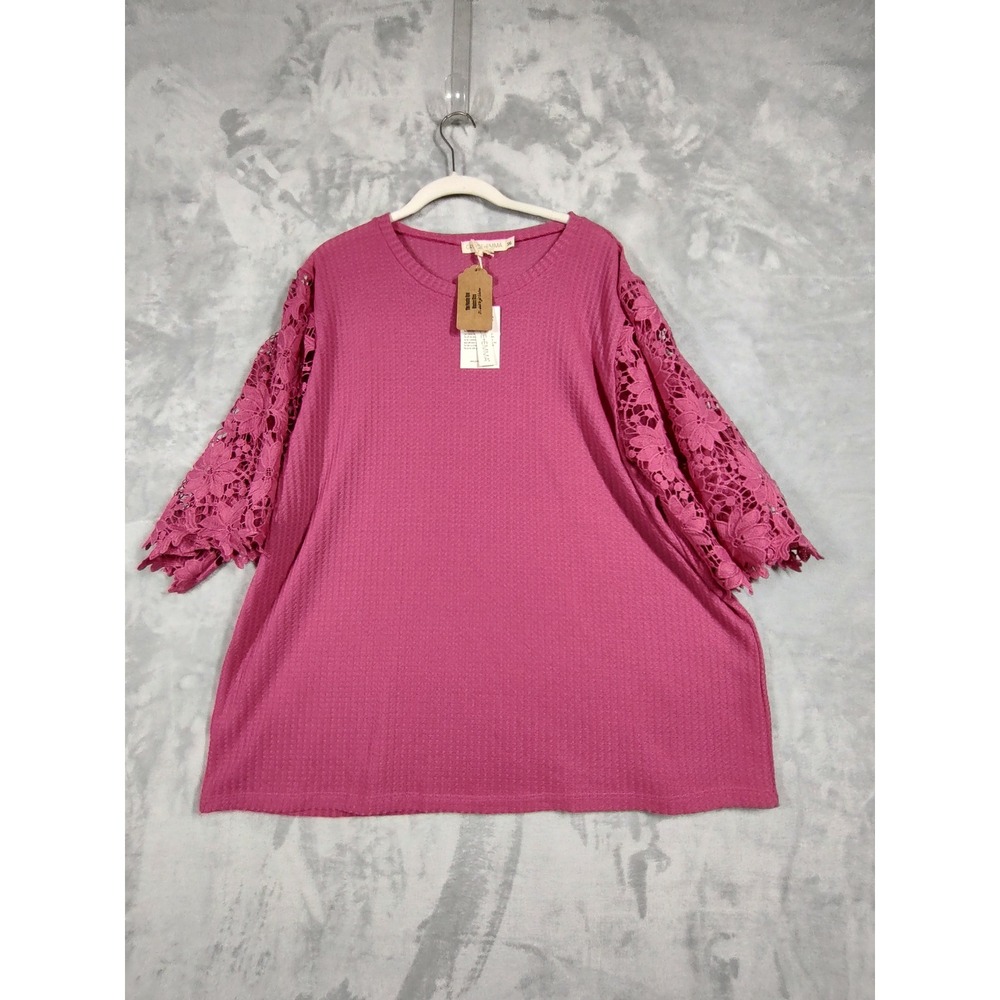 Grace + Emma Magenta Waffle Knit Top Floral Crochet Lace Sleeve Size 3XL NWT